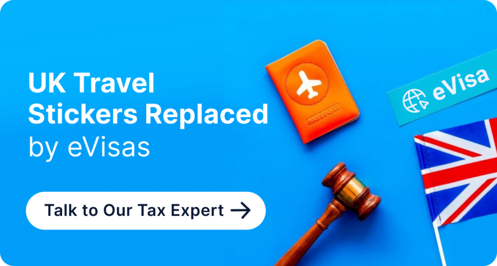 UK travel stickers replaced by eVisas – infographic with passport and digital visa transition message.