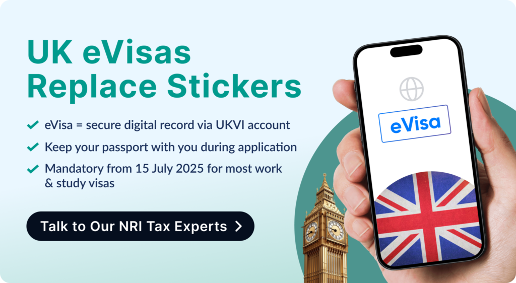 UK eVisas replace stickers – infographic showing eVisa, highlighting digital visa benefits for NRIs and OCI cardholders