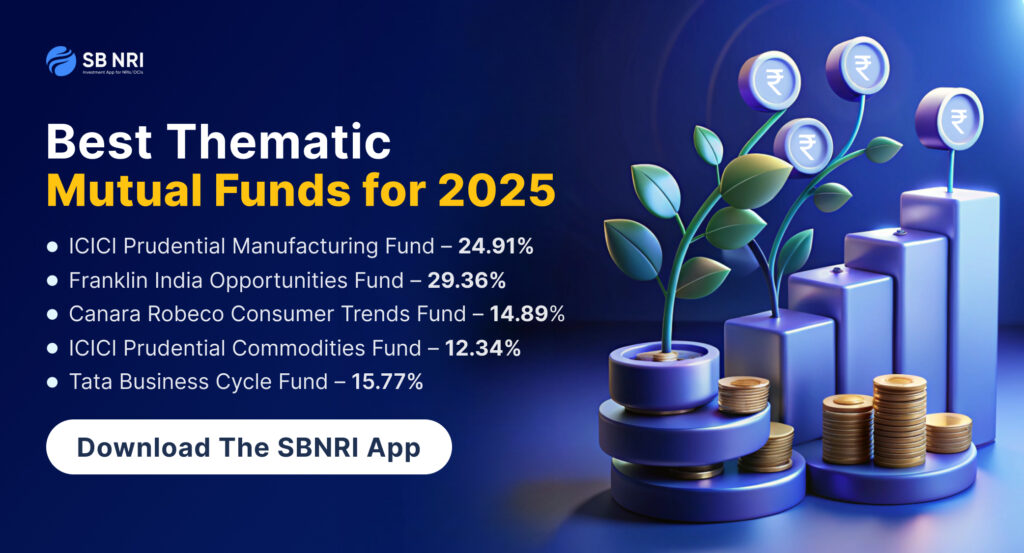 Best Thematic Mutual Funds Top Performing Funds for 2025
ICICI Prudential Manufacturing Fund – 24.91%
Franklin India Opportunities Fund – 29.36%
Canara Robeco Consumer Trends Fund – 14.89%
ICICI Prudential Commodities Fund – 12.34%
Tata Business Cycle Fund – 15.77%
Start investing today – Download the SBNRI App!